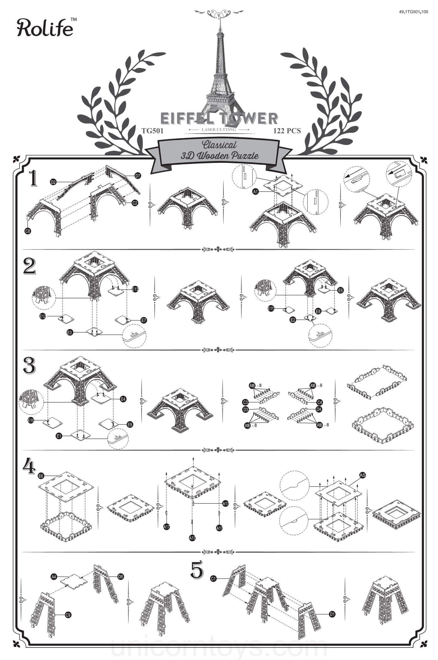 TG501 Eiffel Tower Robotime ROKR 3D Wooden Puzzle Manual