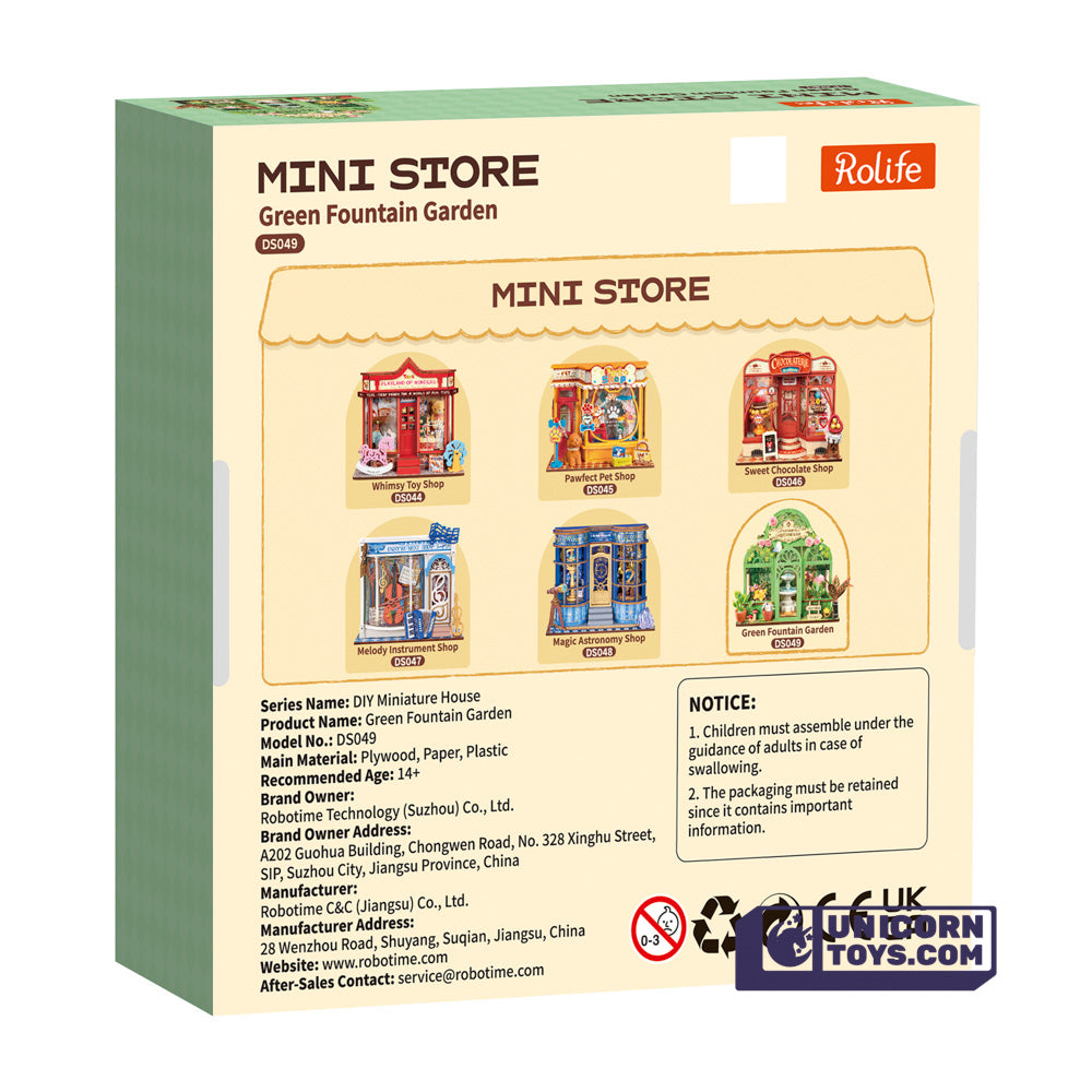 Green Fountain Garden Mini Store | Robotime DS049 DIY Dollhouse Miniatures Kit