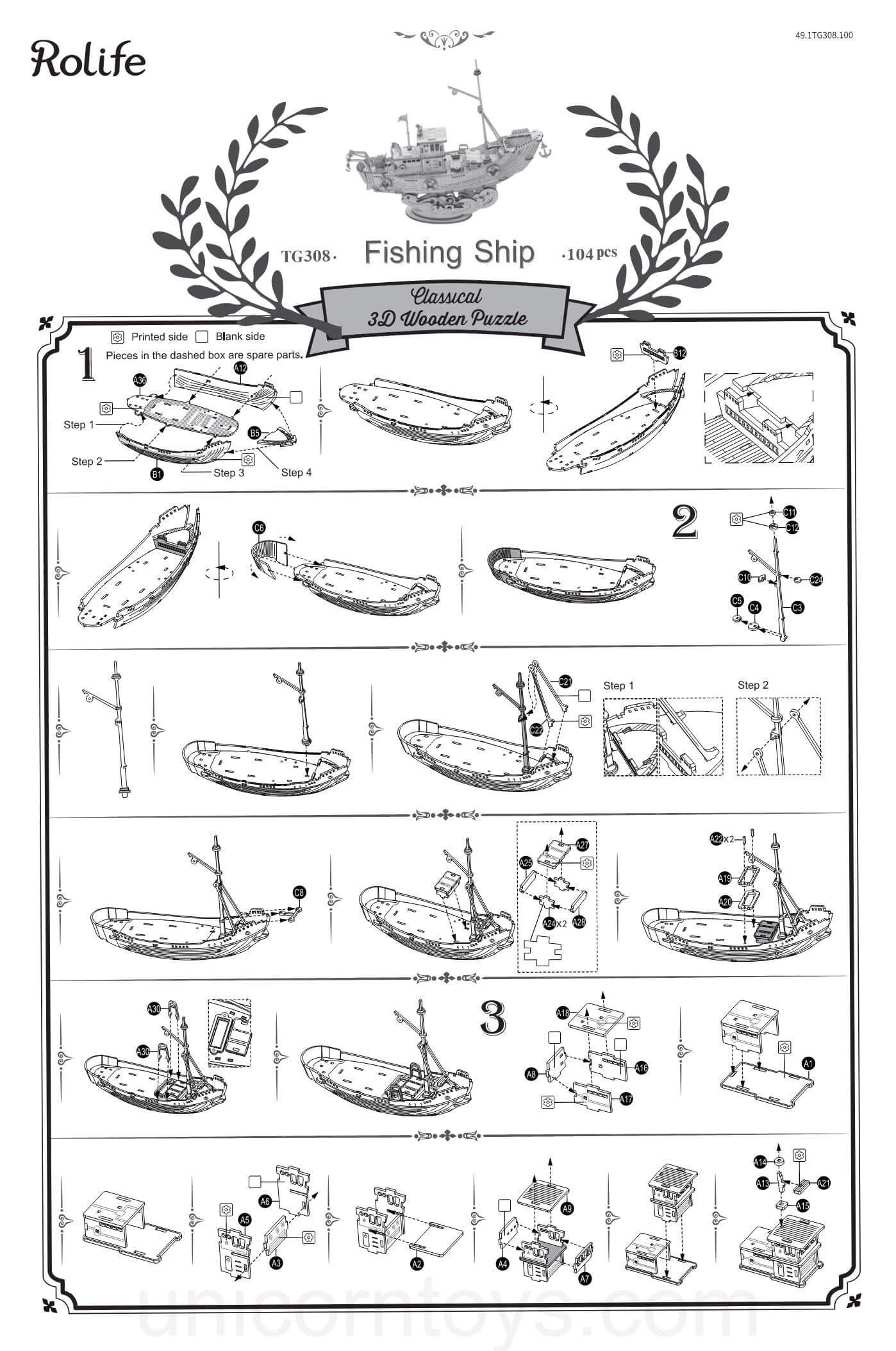 TG308 Fishing Ship Robotime ROKR 3D Wooden Puzzle Manual