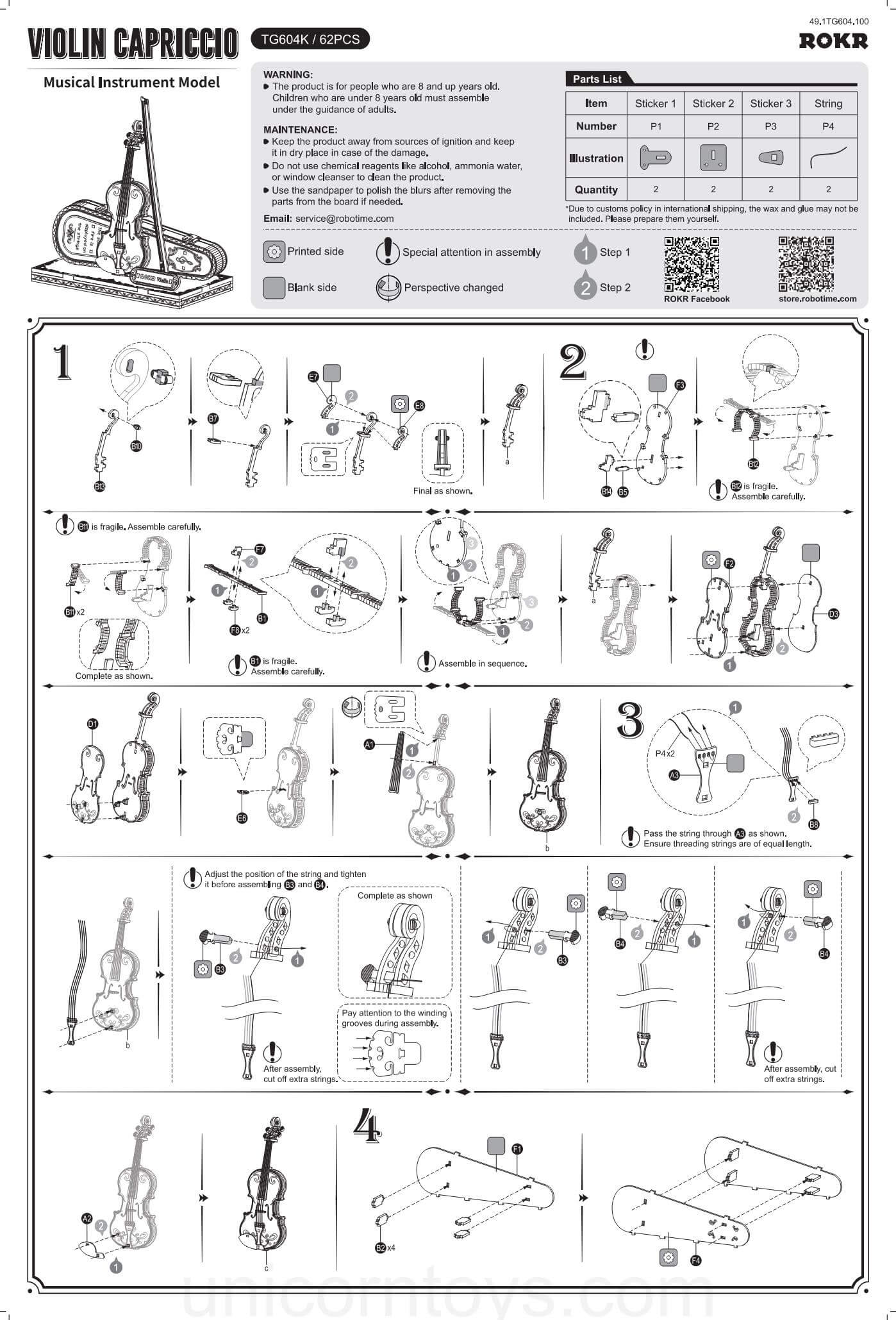 TG604K Violin Capriccio Robotime ROKR 3D Wooden Puzzle Manual