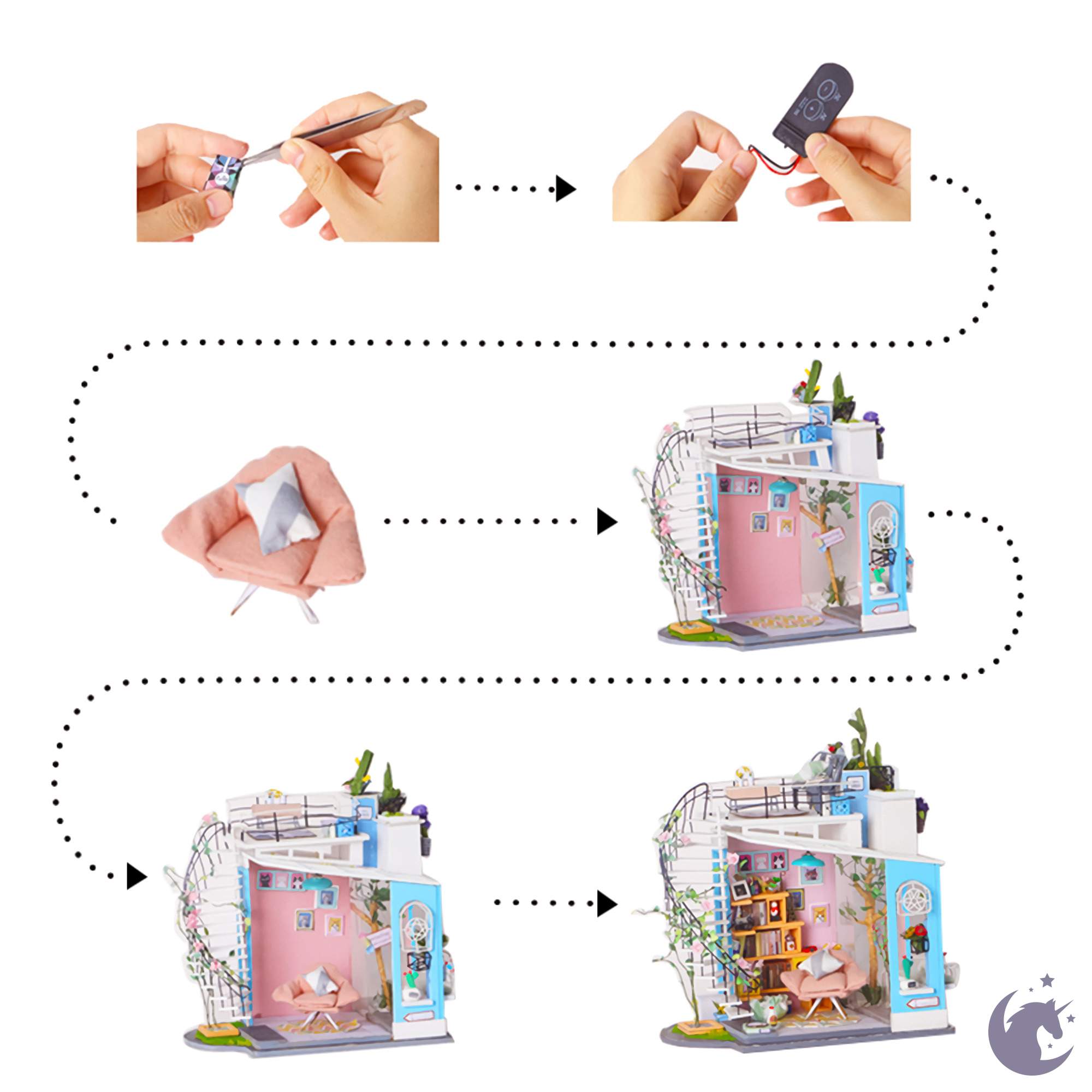 unicorntoys rolife robotime diy miniature dollhouse dg12 Dora's Loft diorama craft kit