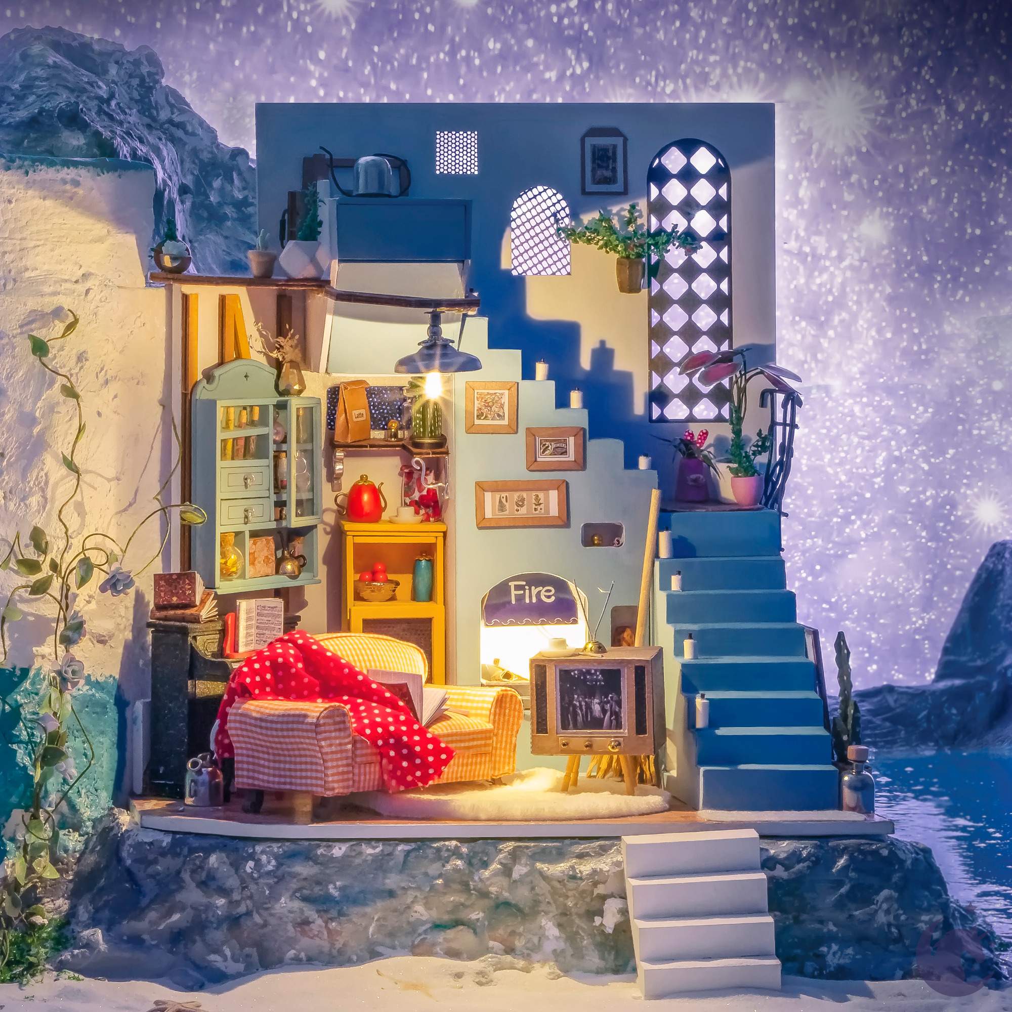 unicorntoys rolife robotime diy miniature dollhouse dg141 Joys peninsula living room diorama craft kit