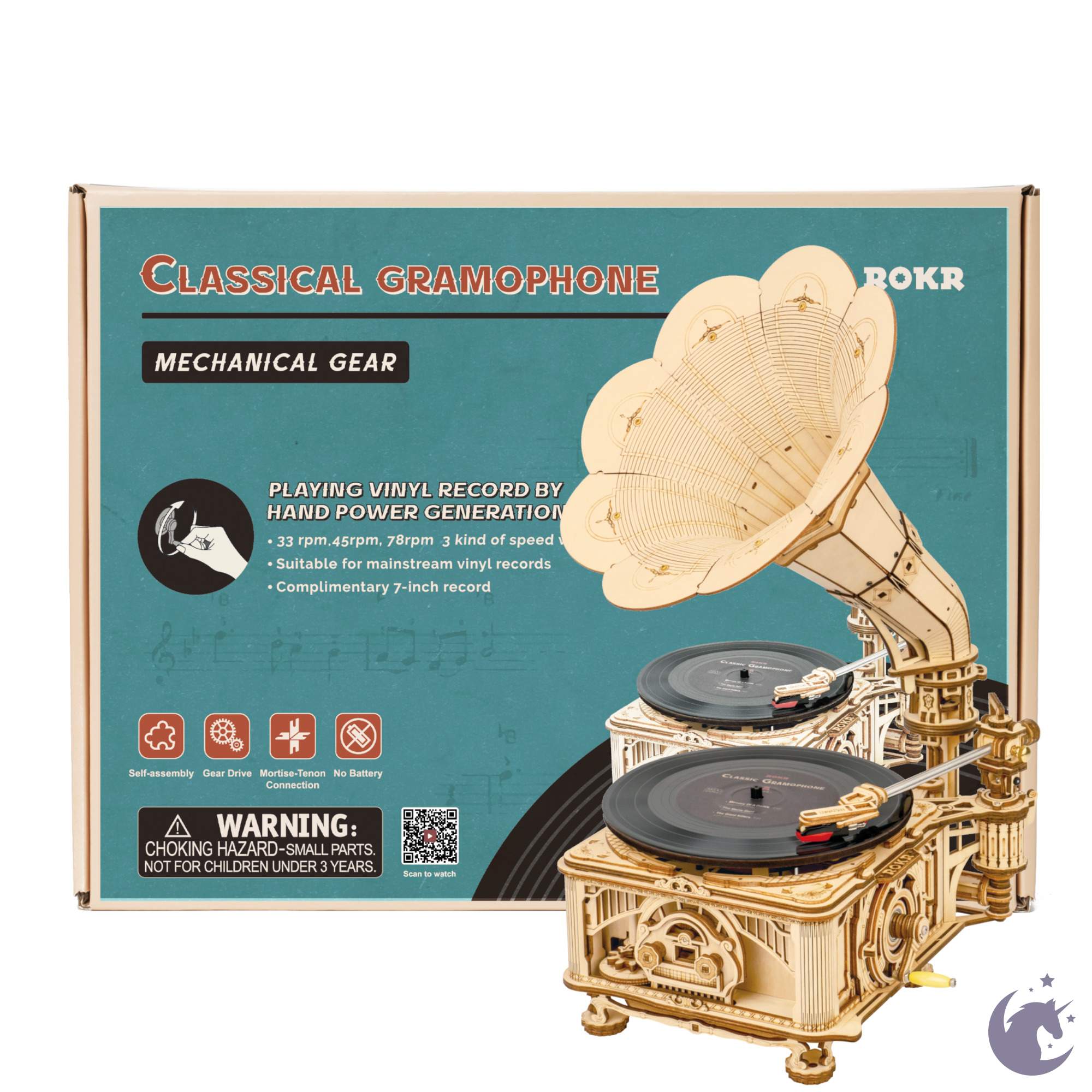 unicorntoys robotime rokr hand crank vintagr gramophone diy mechanical model building 3d wooden puzzle kit birthday gifts for teen LKB01
