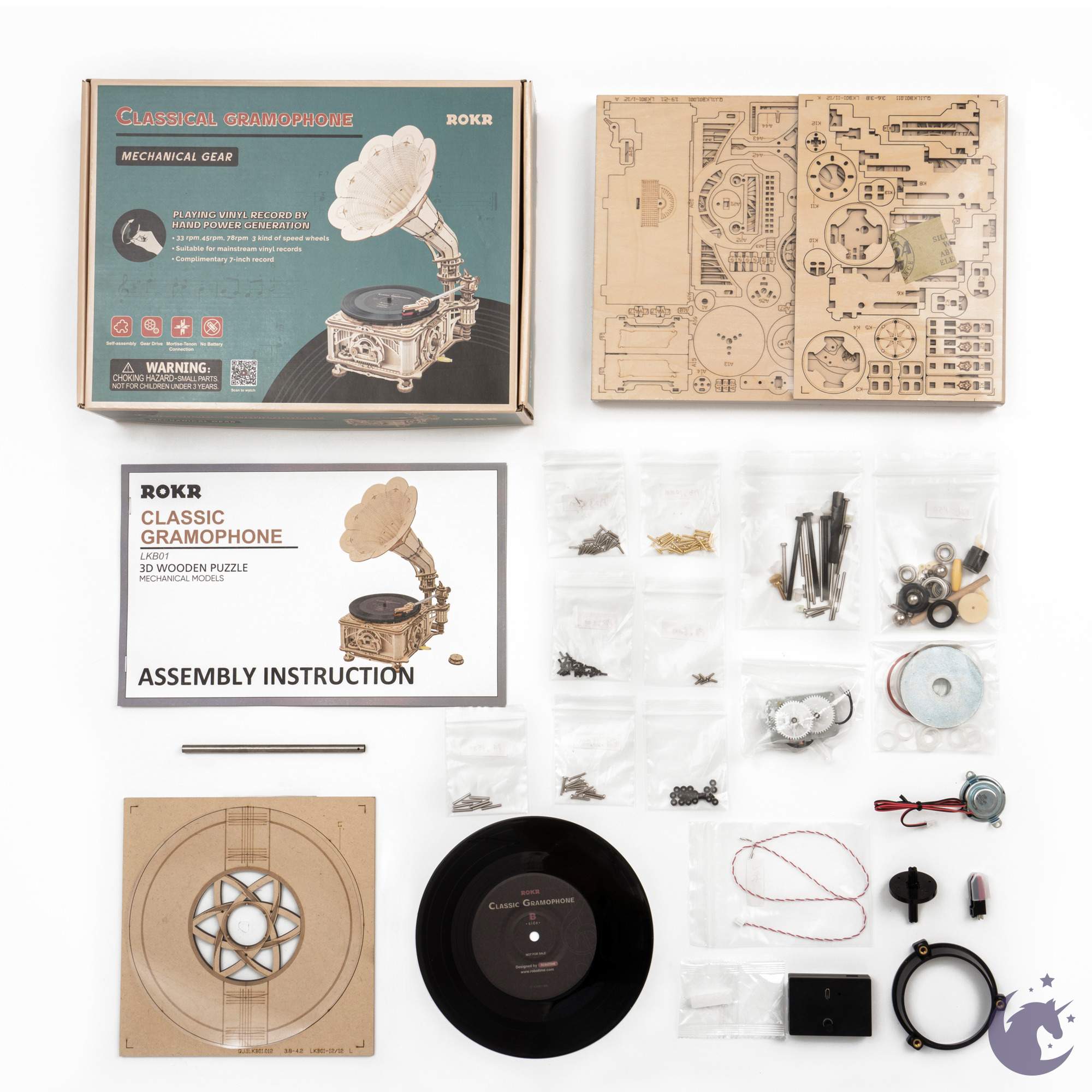 unicorntoys robotime rokr hand crank vintagr gramophone diy mechanical model building 3d wooden puzzle kit birthday gifts for teen LKB01