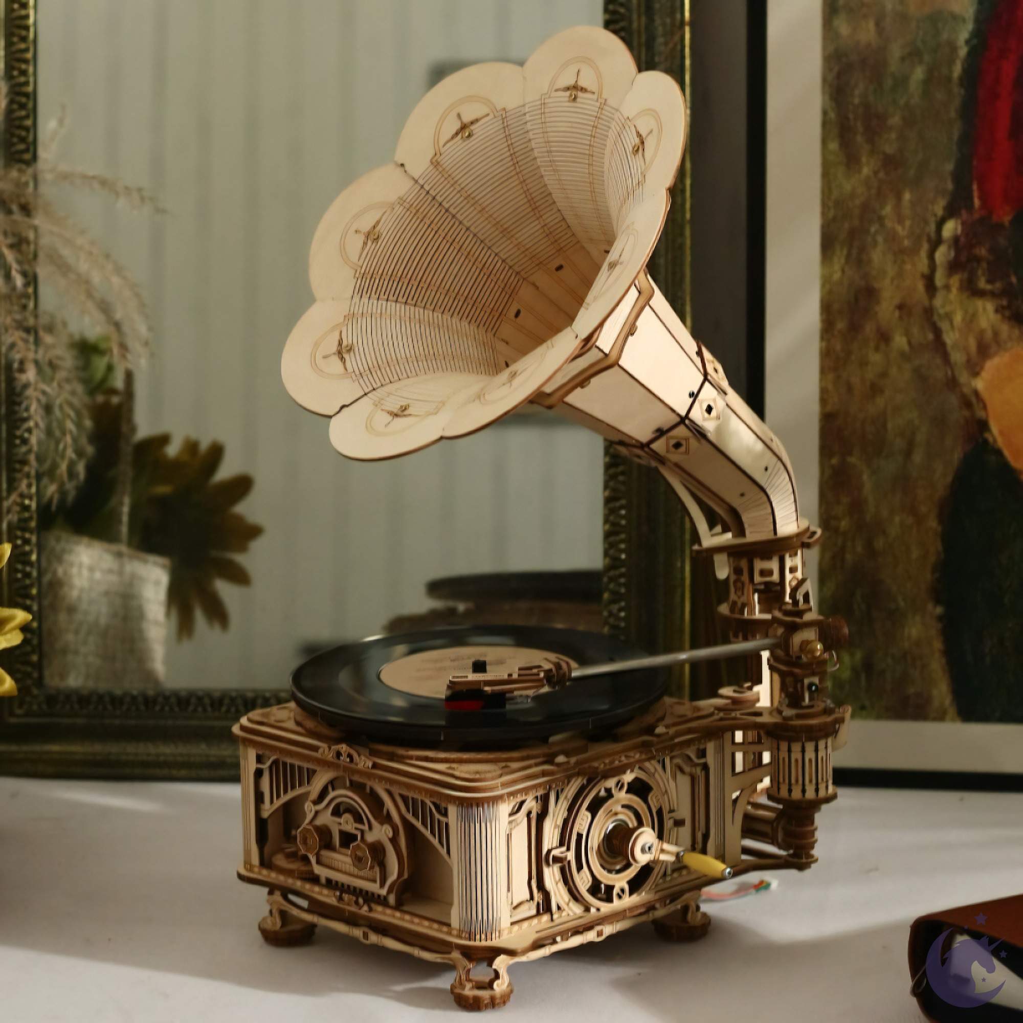 unicorntoys robotime rokr hand crank vintagr gramophone diy mechanical model building 3d wooden puzzle kit birthday gifts for teen LKB01