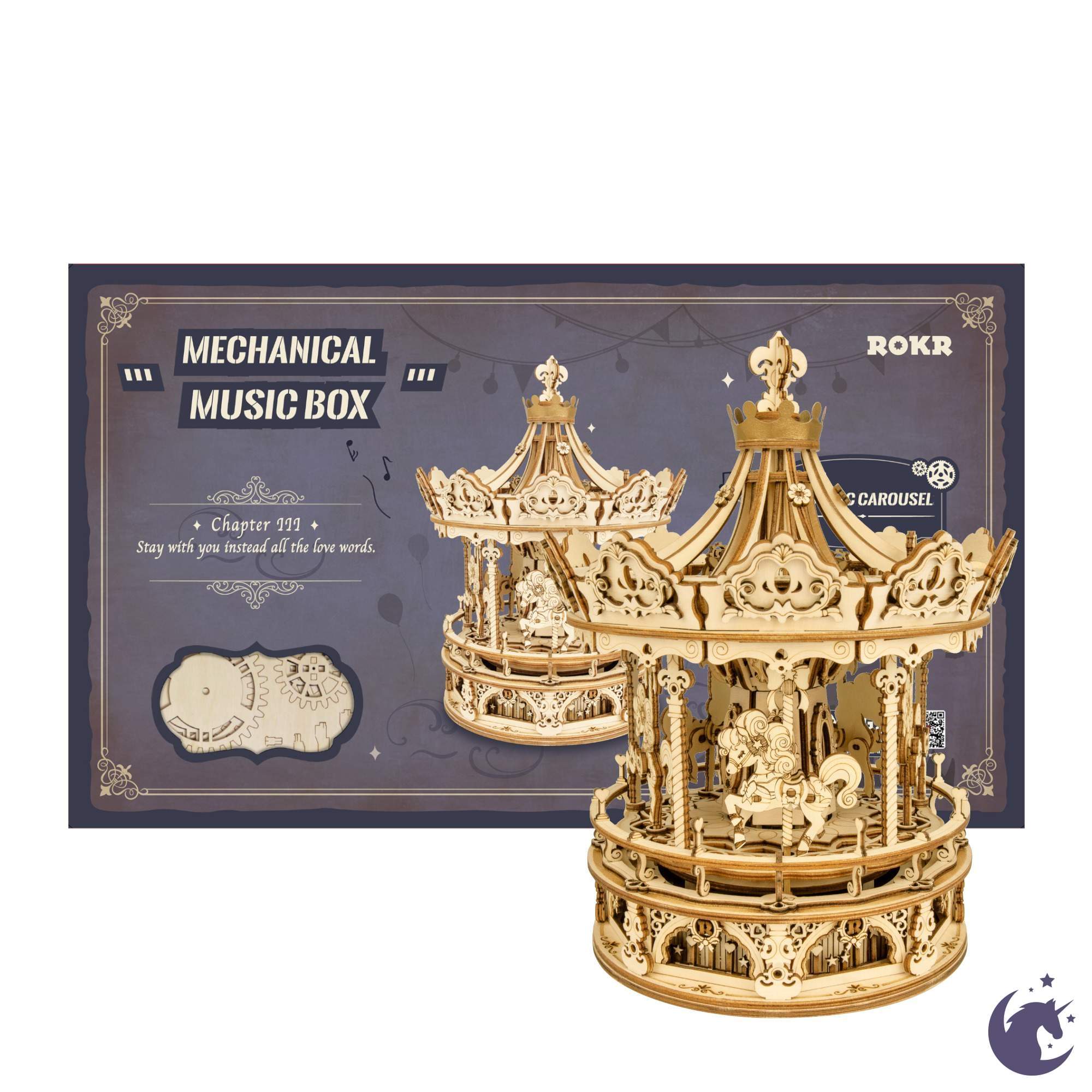 unicorntoys robotime rokr romantic carousel diy mechanical music box 3d wooden puzzle kit birthday gifts for teen AMK62