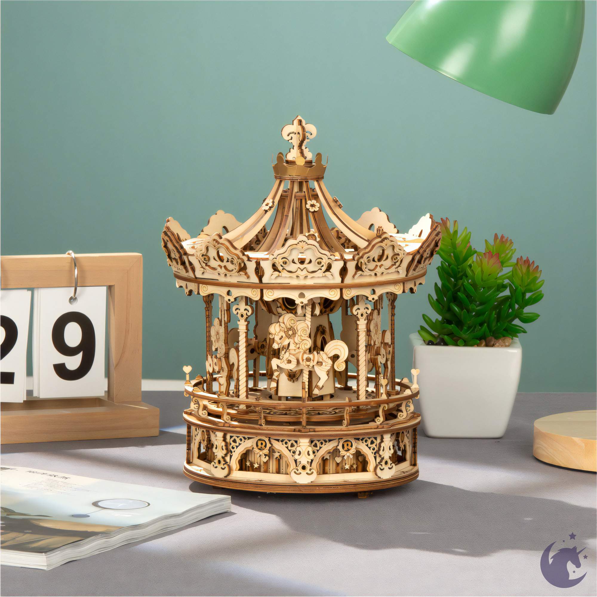 unicorntoys robotime rokr romantic carousel diy mechanical music box 3d wooden puzzle kit birthday gifts for teen AMK62